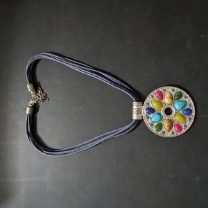 Silver Tone Multi Color Beaded Rhinestone Mandala Pendant Statement Necklace